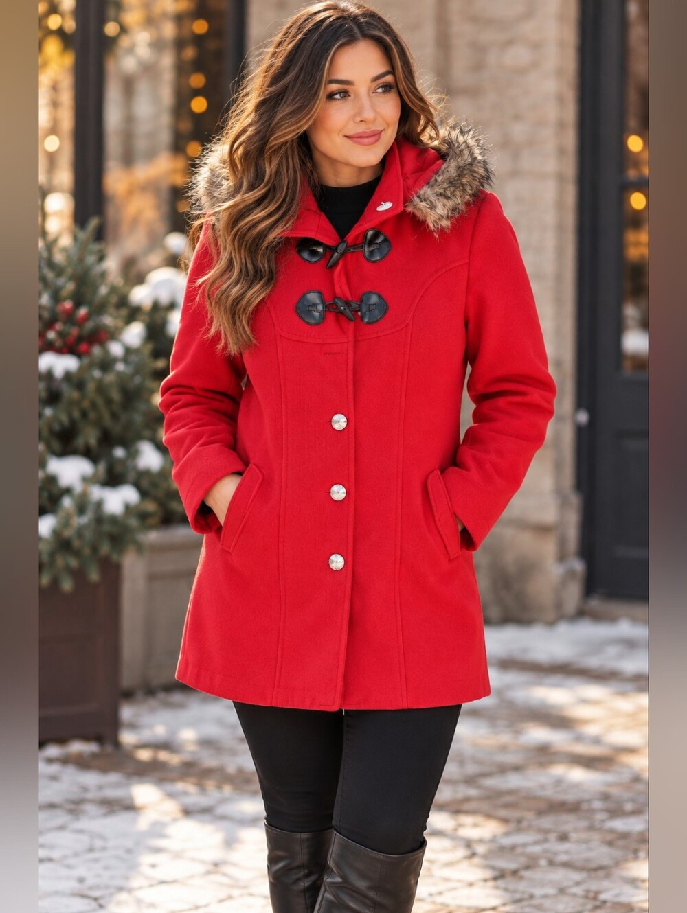 Miss NAC Red Wool Blend Faux Fur Hood Toggle Coat Size 42